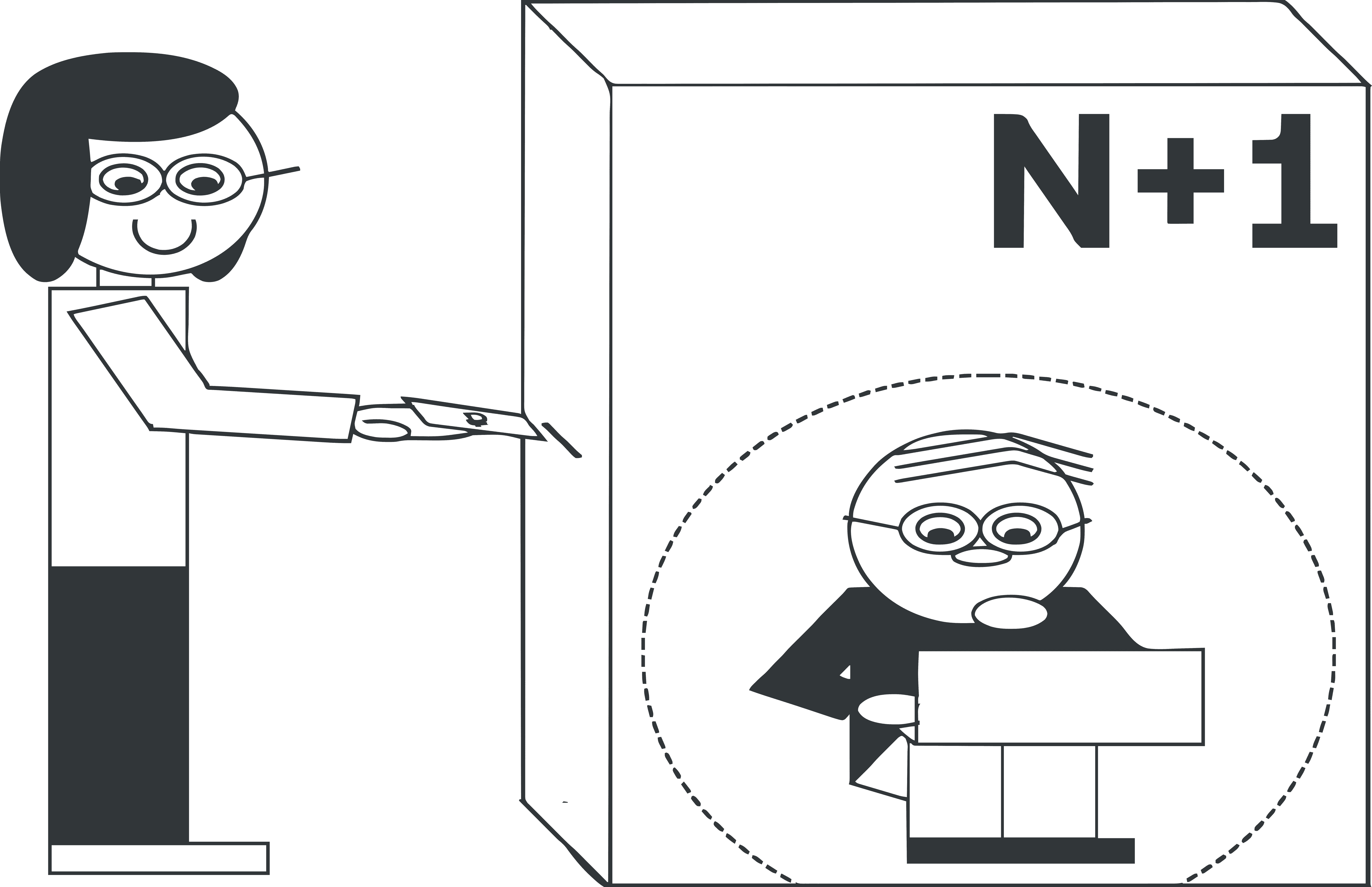 Cхематическая иллюстрация: читатель вносит донат в параллелепипед с надписью N+1, в котром сидит редактор